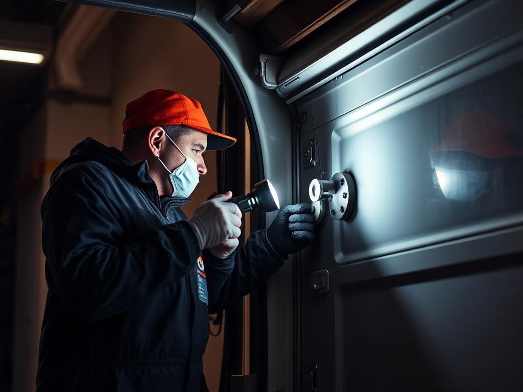 Emergency garage door repair technician working at night with flashlight