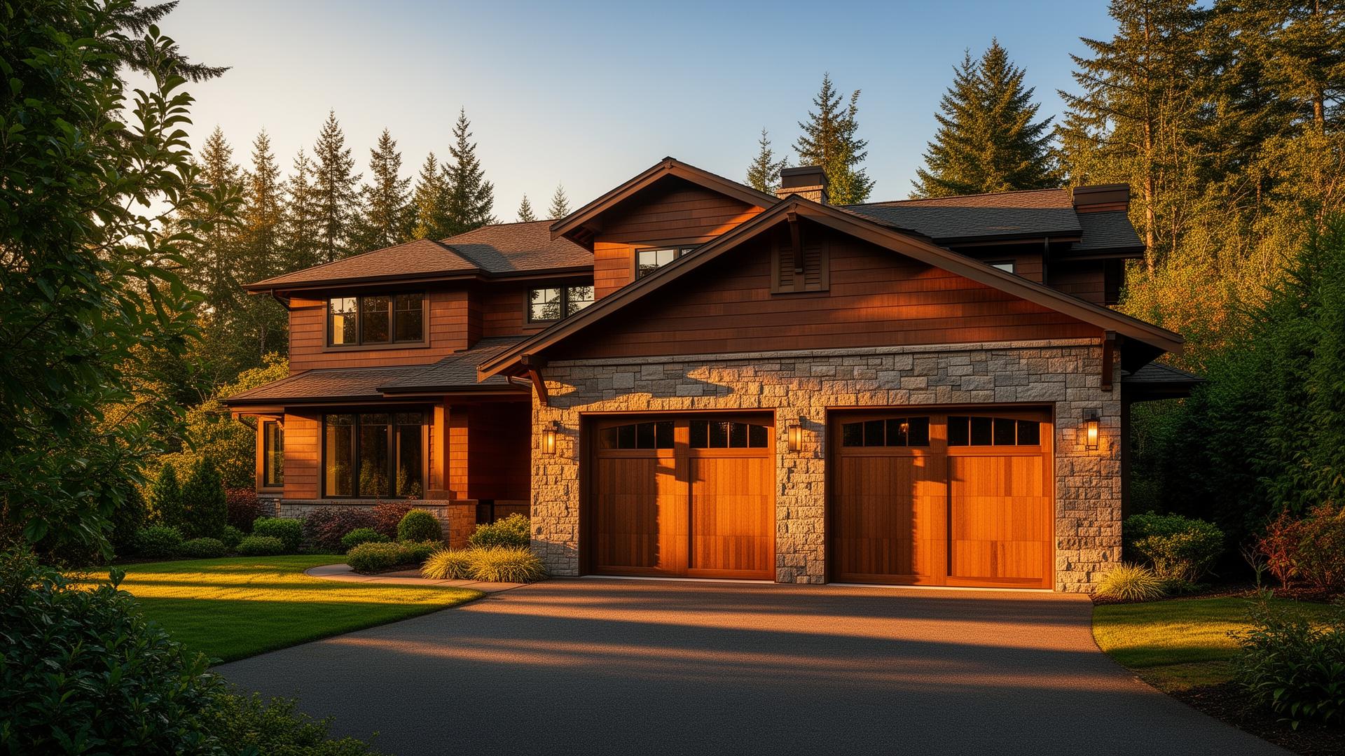 Beautiful Pacific Northwest home with Tuscan inspired garage doors featuring stone surround