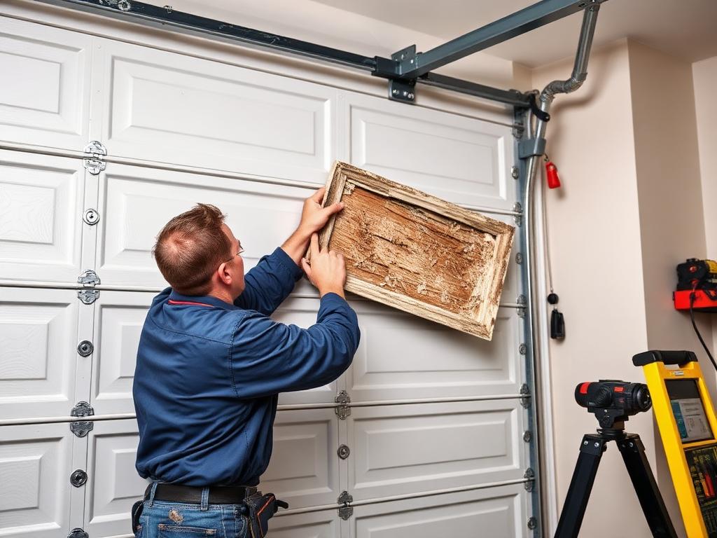 Professional technician replacing damaged garage door panel