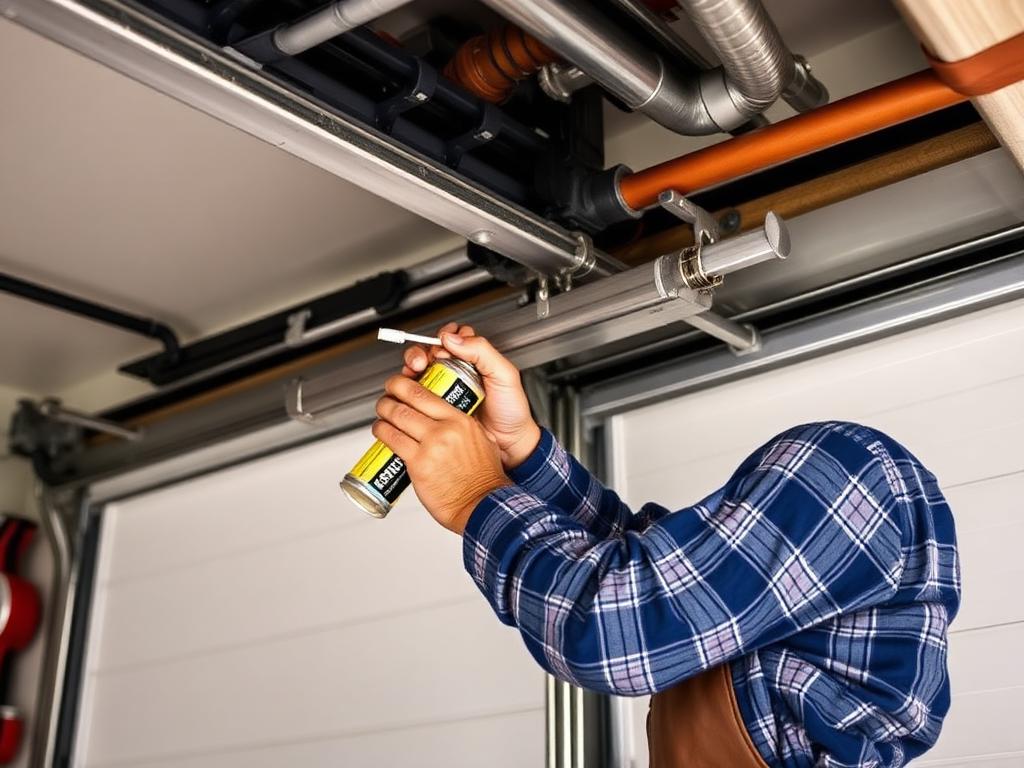 Technician performing hot weather maintenance on garage door