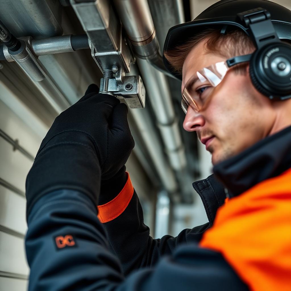 Professional garage door technician performing precision repair work
