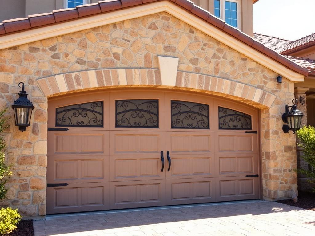 Tuscan style garage door installation with decorative stone surround